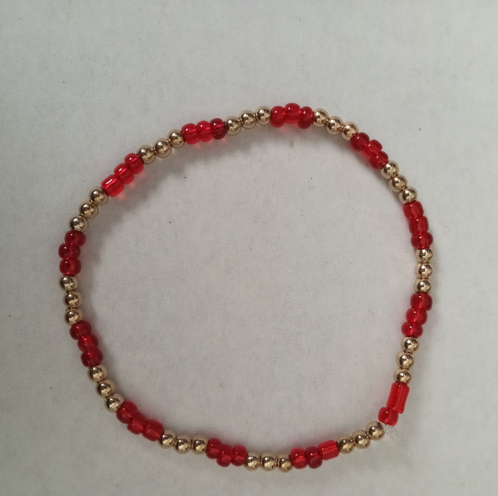 Hand crafted New Gold plated and red beaded statement stretchy bracelet